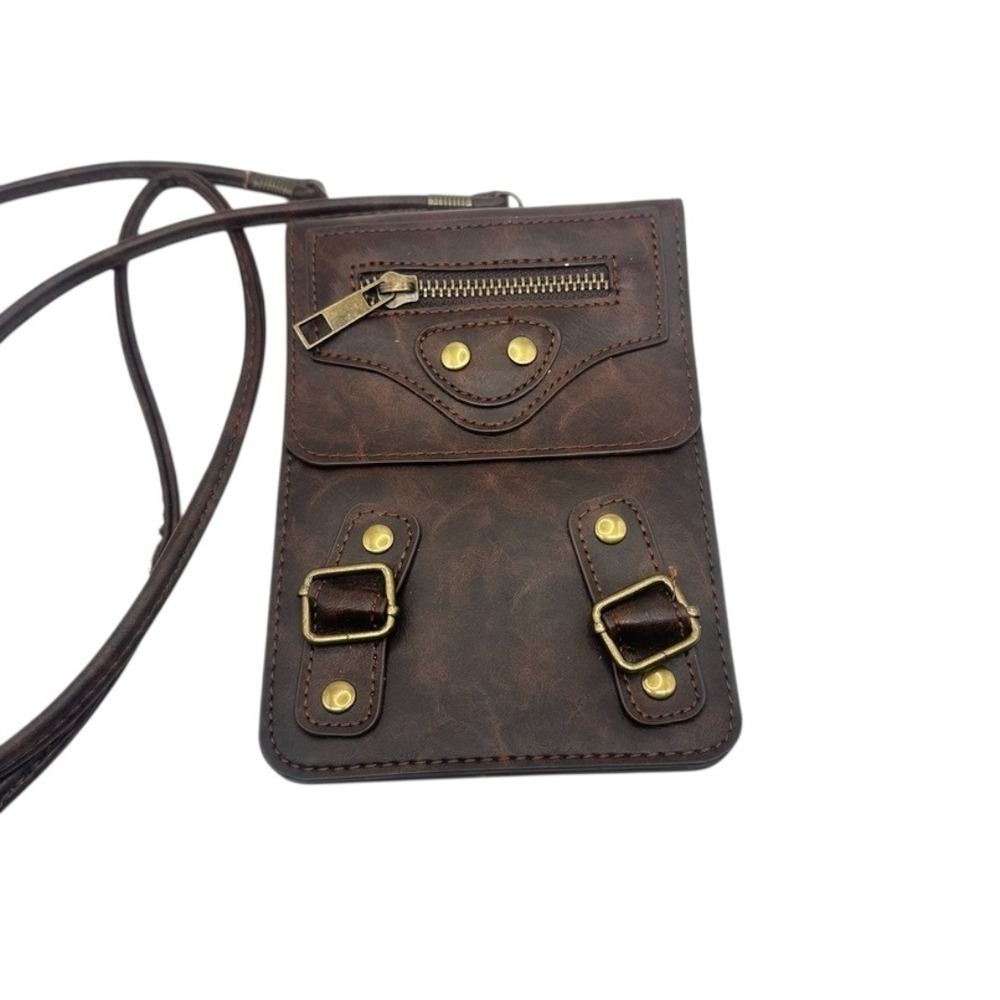 Brown Faux Leather Mini Crossbody Phone Wallet Bag‎